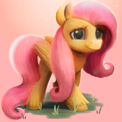 Size: 1080x1080 | Tagged: safe, artist:candy meow, derpibooru import, fluttershy, pegasus, pony, cheek fluff, chest fluff, ear fluff, ears, female, grass, leg fluff, looking at you, mare, signature, smiling, smiling at you, solo, unshorn fetlocks