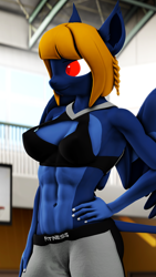 Size: 2160x3840 | Tagged: safe, artist:theebicduck, derpibooru import, oc, oc only, oc:pietas lazuli, anthro, sphinx, art pack:feel the burn 2, 3d, abs, anthro oc, bra, clothes, female, folded wings, gym, gym uniform, hand on hip, looking forward, muscles, solo, source filmmaker, sphinx oc, standing, underwear, wings