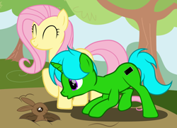 Size: 3780x2730 | Tagged: safe, artist:heir_of_the_shadow, derpibooru import, fluttershy, oc, oc:green byte, pegasus, pony, rabbit, unicorn, animal, commission, female, male, mare, stallion, ych result