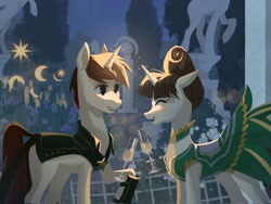 Size: 2048x1536 | Tagged: safe, artist:hichieca, derpibooru import, oc, oc only, pony, unicorn, alcohol, blushing, canterlot, canterlot castle, cape, champagne, champagne glass, clothes, courtship, dress, duo, eyes closed, happy, looking at each other, looking at someone, magic, outdoors, raised leg, smiling, smiling at each other, statue, telekinesis, wine