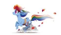 Size: 2611x1500 | Tagged: safe, artist:28gooddays, derpibooru import, rainbow dash, pegasus, pony, autumn leaves, colored hooves, leaves, no pupils, rope, running of the leaves, side view, simple background, smiling, solo, white background