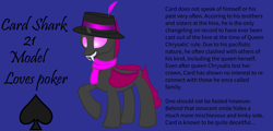 Size: 7000x3370 | Tagged: safe, artist:cardshark777, derpibooru import, oc, oc only, oc:cardshark, changeling, blue background, changeling oc, clothes, digital art, fangs, feather, fedora, hat, male, male oc, pink changeling, pink eyes, raised hoof, raised leg, reference sheet, scarf, simple background, smiling, solo, text