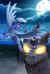 Size: 2250x3300 | Tagged: safe, artist:rutkotka, derpibooru import, oc, oc:iron feather, pegasus, pony, fanfic:words of power, armor, cloud, fanfic art, glowing, glowing eyes, golem, male, moon, night, night guard, spread wings, stallion, tail, wings