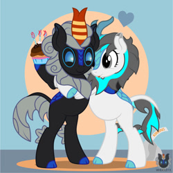 Size: 1242x1241 | Tagged: safe, artist:wheatley r.h., derpibooru exclusive, derpibooru import, oc, oc only, oc:blizzard flare, oc:w. rhinestone eyes, kirin, bipedal, birthday, chocolate, cloven hooves, cupcake, cute, duo, duo male and female, female, floating heart, food, happy, heart, hug, kirin oc, male, ocbetes, simple background, stallion, tongue, tongue out, vector, watermark, white berry