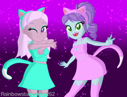Size: 3040x2309 | Tagged: safe, artist:rainbowstarcolour262, derpibooru import, crystal lullaby, oc, oc:zina pearl, human, series:equ shadowcats, equestria girls, animal costume, bare shoulders, boob window, breasts, busty crystal lullaby, cat costume, cat ears, cat tail, catgirl, cleavage, clothes, costume, duo, duo female, eyeshadow, female, gradient background, green eyes, looking at you, makeup, midriff, one eye closed, ponytail, purple eyes, signature, skirt, sleeveless, smiling, stockings, tail, tanktop, thigh highs, upskirt denied, wink, winking at you