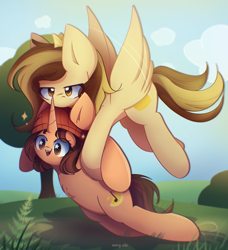 Size: 2100x2300 | Tagged: safe, artist:miryelis, derpibooru import, oc, oc:lemmon sings, oc:prince whateverer, pegasus, pony, unicorn, big ears, commission, cute, ears, flying, hat, long hair, simple background, smiling, wings