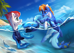 Size: 4200x3000 | Tagged: safe, artist:mithriss, derpibooru import, oc, oc only, oc:swift apex, fish, hybrid, pegasus, pony, absurd resolution, augmented, beach, blowing, clothes, cloud, commission, digital art, dolphin suit, duo, fins, fish tail, folded wings, horn, inflatable, inflatable suit, inflating, latex, male, ocean, open mouth, open smile, palm tree, sand, smiling, stallion, suit, sunlight, swimming, tail, teeth, tree, underwater, water, wave, wetsuit, wings