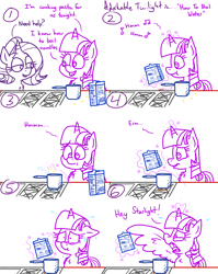 Size: 4779x6013 | Tagged: safe, artist:adorkabletwilightandfriends, derpibooru import, starlight glimmer, twilight sparkle, twilight sparkle (alicorn), alicorn, comic:adorkable twilight and friends, adorkable, adorkable twilight, box, comic, confident, cooking, cute, dork, food, friendship, funny, humor, instructions, kitchen, magic, nervous, noodles, pasta, pot, reading, realization, slice of life, stove, wings