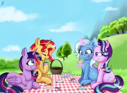 Size: 2726x2000 | Tagged: safe, artist:galaxy swirl, derpibooru import, starlight glimmer, sunset shimmer, trixie, twilight sparkle, twilight sparkle (alicorn), alicorn, pony, unicorn, basket, cake, cake slice, counterparts, cup, food, picnic blanket, scenery, teacup, tree, twilight's counterparts