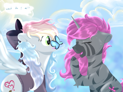 Size: 2732x2048 | Tagged: safe, artist:jopym, derpibooru import, oc, oc only, oc:blazey sketch, butterfly, pegasus, unicorn, bow, clothes, coat markings, dark grey fur, duo, duo female, female, gift art, green eyes, grey fur, hair bow, horn, multicolored hair, pegasus oc, pink hair, simple background, sweater, unicorn oc