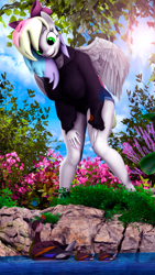 Size: 2160x3840 | Tagged: safe, artist:shadowuwu, artist:theshadow, derpibooru import, oc, oc only, oc:blazey sketch, anthro, bird, duck, pegasus, 3d, clothes, commission, excited, green eyes, grey fur, hoodie, multicolored hair, pegasus oc, pink nail polish, shorts, ych result