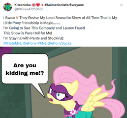 Size: 1442x1338 | Tagged: safe, edit, edited screencap, screencap, fluttershy, saddle rager, pegasus, pony, power ponies (episode), angry, anti-kitsonicko, are you kidding me, female, meme, meta, offsite drama, power ponies, solo, twitter