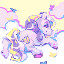 Size: 2048x2048 | Tagged: safe, artist:poniesart, derpibooru import, fluttershy (g3), butterfly, earth pony, pony, g3, butt, cloud, plot, solo