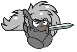 Size: 956x646 | Tagged: safe, artist:lrusu, derpibooru import, oc, oc only, oc:mercury heart, pony, fallout equestria, edgy, fallout, female, heart, lying down, mare, mouth hold, no source available, ponyloaf, prone, scar, simple background, solo, sword, transparent background, weapon