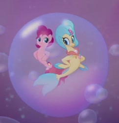 Size: 644x662 | Tagged: safe, derpibooru import, screencap, pinkie pie, princess skystar, seapony (g4), my little pony: the movie, aquastria, bubble, cute, diapinkes, in bubble, needs more jpeg, pink background, seaponified, seapony pinkie pie, seaquestria, simple background, species swap, underwater, water