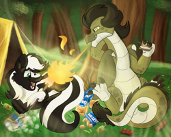 Size: 2500x2000 | Tagged: safe, artist:euspuche, derpibooru import, oc, oc only, oc:kindling the dragon, oc:zenawa skunkpony, dragon, earth pony, hybrid, skunk, skunk pony, camping, claws, dragon oc, earth pony oc, eating, fire, fire breath, food, forest, gay, hybrid oc, interspecies, lidded eyes, lying down, male, marshmallow, non-pony oc, open mouth, outdoors, paws, prone, roasting, s'mores, sitting, stallion, tail, tent, underfoot
