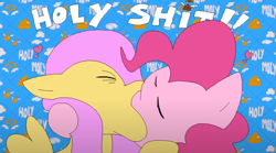 Size: 1280x714 | Tagged: safe, artist:gravity1037, derpibooru import, fluttershy, pinkie pie, earth pony, pegasus, female, flutterpie, funny, funny as hell, holy shit, kiss on the lips, kissing, lesbian, making out, meme, pizza tower, shipping, vulgar, wat