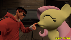 Size: 1920x1080 | Tagged: safe, artist:lance-pizon, derpibooru import, fluttershy, human, pegasus, 3d, boop, duo, duo male and female, eyes closed, female, gmod, happy, male, scout, smiling, sunglasses, team fortress 2, watermark