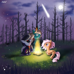 Size: 2048x2048 | Tagged: safe, artist:ha0s67, derpibooru import, oc, oc:13 nightmares, oc:queen alnilam, oc:regie falcon, alicorn, pegasus, pony, campfire, forest, grass, moon, night, shooting star, stars