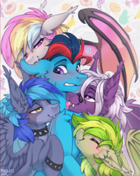 Size: 2594x3237 | Tagged: safe, artist:trickate, derpibooru import, oc, oc only, oc:andrew swiftwing, oc:proffy floyd, bat pony, pegasus, pony, bat pony oc, biting, blushing, ear bite, female, male, oc name needed