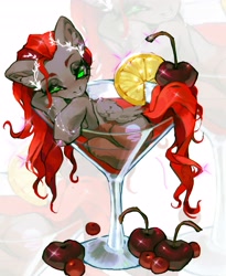 Size: 3354x4096 | Tagged: safe, artist:p0nyplanet, derpibooru import, oc, oc only, oc:void, pegasus, pony, blushing, cherry, cup, cup of pony, female, food, laurel, lemon, mare, martini glass, micro, nose piercing, nose ring, piercing, solo, zoom layer