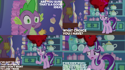 Size: 2000x1125 | Tagged: safe, derpibooru import, edit, edited screencap, editor:quoterific, screencap, spike, starlight glimmer, all bottled up, anger magic, cup, ears, floppy ears, kitchen, magic, teacup, twilight's castle