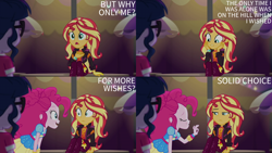 Size: 2000x1125 | Tagged: safe, derpibooru import, edit, edited screencap, editor:quoterific, screencap, pinkie pie, sci-twi, sunset shimmer, twilight sparkle, better together, equestria girls, sunset's backstage pass!