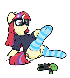 Size: 900x1000 | Tagged: safe, artist:kumakum, derpibooru import, moondancer, oc, oc:anon, pony, unicorn, clothes, cute, dancerbetes, digital art, doll, glasses, hoodie, simple background, socks, striped socks, toy, transparent background