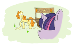 Size: 640x396 | Tagged: safe, artist:ponypharmacist, derpibooru import, carrot top, golden harvest, twilight sparkle, earth pony, unicorn, fanfic:the purloined pony, ambush, carrot, cart, fanfic art, food, simple background, white background