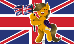 Size: 2000x1200 | Tagged: safe, artist:juliana, derpibooru import, oc, oc only, oc:summer dawn, bat pony, spider, bat pony oc, british, flag, solo, union jack