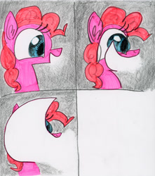 Size: 3531x4000 | Tagged: safe, artist:ja0822ck, derpibooru import, pinkie pie, earth pony, pony, 4 panel comic, big smile, bust, comic, ear fluff, ears, female, gray background, impossibly large smile, laughing, mare, not salmon, open mouth, open smile, simple background, smiling, solo, traditional art, wat