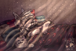 Size: 2766x1872 | Tagged: safe, artist:cute loser, derpibooru import, oc, oc only, oc:amoo, pony, zebra, blanket, female, listening to music, mare, pillow, pony oc, sleeping, solo, zebra oc