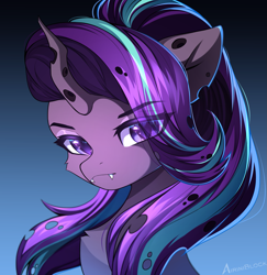 Size: 1497x1541 | Tagged: safe, artist:airiniblock, derpibooru import, starlight glimmer, changeling, unicorn, blue background, bust, changelingified, chest fluff, digital art, eye clipping through hair, fangs, female, flowing mane, gradient background, horn, icon, looking at you, looking back, looking back at you, mare, purple changeling, purple eyes, purple mane, rcf community, signature, simple background, solo, species swap, teeth