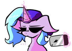 Size: 4715x3332 | Tagged: safe, artist:foxtrnal, derpibooru import, oc, oc only, oc:cybermare, pony, unicorn, ..., backwards ballcap, baseball cap, bust, cap, hat, looking at you, loveweb, magic, phone, simple background, solo, telekinesis, transparent background