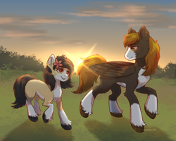 Size: 2500x2000 | Tagged: safe, artist:vaneko, derpibooru import, oc, oc only, oc:liliya krasnyy, oc:punish mittet, earth pony, pegasus, artfight, cute, father and child, father and daughter, female, filly, foal, looking at each other, looking at someone, male, parent and child, smiling, sunset, trotting