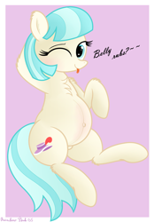 Size: 2655x3813 | Tagged: safe, artist:rainbowšpekgs, derpibooru import, coco pommel, earth pony, pony, :p, belly, belly button, big belly, chest fluff, coco preggo, cute, looking at you, one eye closed, outie belly button, pregnant, sitting, tongue, tongue out