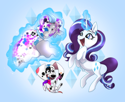 Size: 1000x814 | Tagged: safe, artist:themiles, derpibooru import, rarity, dog, pony, unicorn, 101 dalmatians, clothes, dalmatian, dress, duo, female, levitation, magic, mare, open mouth, open smile, puppy, smiling, telekinesis