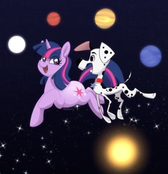 Size: 900x929 | Tagged: safe, artist:miles, artist:themiles, derpibooru import, twilight sparkle, unicorn twilight, dog, pony, unicorn, 101 dalmatian street, 101 dalmatians, crossover, dalmatian, duo, dylan (101 dalmatian street), female, mare, open mouth, open smile, planet, smiling, space, stars, sun