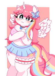 Size: 1592x2191 | Tagged: safe, artist:leo19969525, derpibooru import, oc, oc only, oc:nekonin, alicorn, anthro, unguligrade anthro, :3, alicorn oc, anthro oc, arm hooves, bandeau, blushing, bow, breasts, busty boy, chubby, clothes, collar, crossdressing, femboy, garter, hair bow, heart, heart eyes, male, miniskirt, skirt, solo, tail, tail wag, tube top, wingding eyes