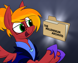 Size: 1620x1324 | Tagged: safe, artist:moonatik, derpibooru import, oc, oc:moonatik, pegasus, pony, alternate timeline, clothes, fanfic art, file, folder, glasses, gloves, jacket, male, new lunar millennium, nightmare takeover timeline, pegasus oc, shirt, solo, stallion