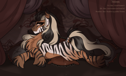 Size: 2595x1564 | Tagged: safe, derpibooru import, oc, hybrid, zebra, zebroid, zony, fallout equestria, arabic, chest fluff, detailed background, female, fluffy, lying down, shading, solo, stripes, watermark, zebra oc