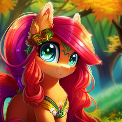 Size: 512x512 | Tagged: safe, ai content, derpibooru import, machine learning generated, oc, oc:ayene, pony, autumn, cute, forest, grass, long hair, looking at you, nature