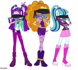 Size: 3500x3116 | Tagged: safe, artist:mixiepie, derpibooru import, adagio dazzle, aria blaze, sonata dusk, equestria girls, 1000 years in photoshop, absurd resolution, blindfold, boots, cloth gag, clothes, gag, microphone, shoes, simple background, the dazzlings, transparent background, trio, vector