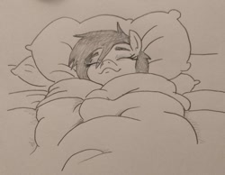 Size: 1006x779 | Tagged: safe, artist:jargon scott, derpibooru import, oc, oc only, oc:anon-mare, earth pony, pony, blanket, eyes closed, female, grayscale, lying down, mare, monochrome, on back, pencil drawing, simpsons did it, smiling, solo, traditional art