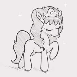 Size: 1835x1839 | Tagged: safe, artist:algoatall, derpibooru import, earth pony, pony, crown, eyes closed, female, filly, foal, ico the brave little horse, jewelry, monochrome, preciosa, regalia, smiling, solo, sparkles, walking