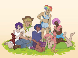 Size: 1031x775 | Tagged: safe, artist:juneaupaws, derpibooru import, applejack, fluttershy, pinkie pie, rainbow dash, rarity, twilight sparkle, human, dark skin, flower, flower in hair, humanized, light skin, lying down, mane six, prone, the pose