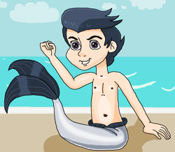 Size: 739x645 | Tagged: safe, artist:ocean lover, derpibooru import, rumble, human, background, beach, belly, belly button, child, cloud, confident, cute, fins, flexing, grin, human coloration, humanized, looking at you, male, male nipples, merboy, merman, ms paint, nipples, ocean, outdoors, purple eyes, rumblebetes, sand, sitting, sky, sky background, smiling, smirk, tail, tail fin, two toned hair, water, wave