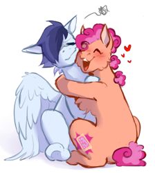 Size: 2690x3000 | Tagged: safe, artist:imgonadoponyoc, derpibooru import, oc, oc only, oc:poptarts pie, oc:pulse storm, earth pony, pegasus, pony, blushing, eyes closed, female, floating heart, hair over one eye, heart, hug, male, mare, offspring, parent:cheese sandwich, parent:pinkie pie, parent:rainbow dash, parent:soarin', parents:cheesepie, parents:soarindash, simple background, sitting, stallion, white background