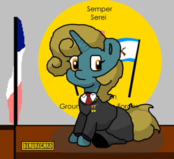 Size: 600x550 | Tagged: safe, artist:republic ball, derpibooru import, oc, oc only, oc:caltana beauregard, pony, unicorn, bust, clothes, crystal curtain: world aflame, desk, equestrian flag, flag, general, ground defence forces, horn, looking at you, medals, necktie, paint.net, pants, portrait, seal in background, skirt, solo, suit, unicorn oc