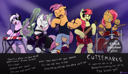 Size: 2800x1627 | Tagged: safe, artist:passionpanther, derpibooru import, apple bloom, babs seed, diamond tiara, scootaloo, sweetie belle, earth pony, pegasus, pony, unicorn, angry, clothes, cutie mark crusaders, cutiemarks (and the things that bind us), drums, electric guitar, eyes closed, guitar, microphone, musical instrument, piercing, punk, punk rock, rock (music), rock band, song reference, stage, vylet pony